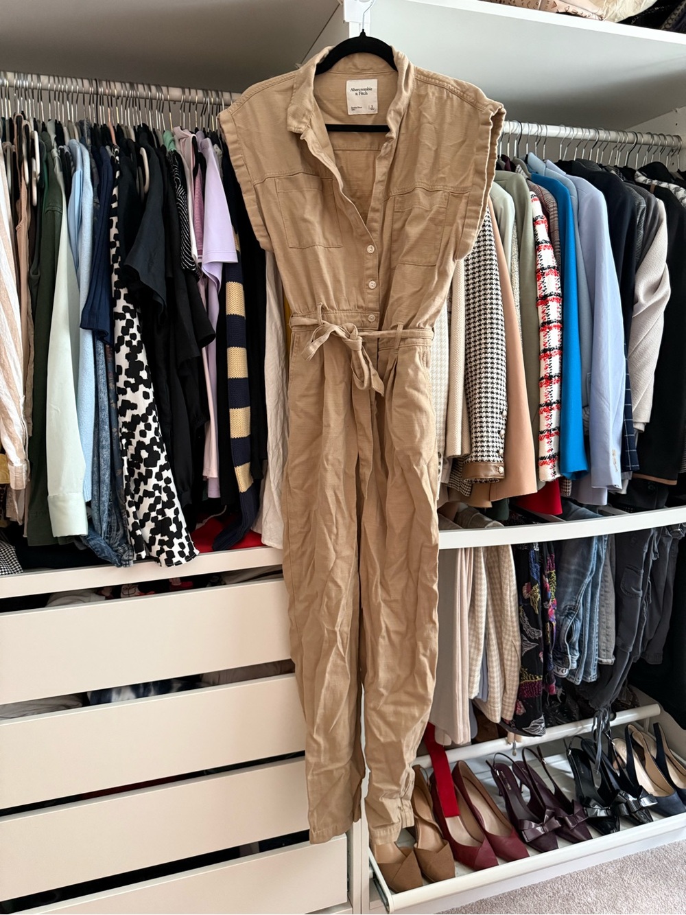 Abercrombie and Fitch Sleeveless Tan Utility Jumpsuit with Tie Waist